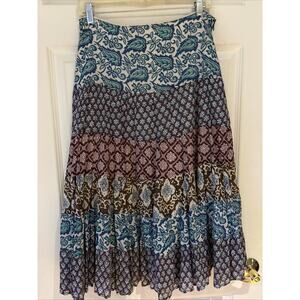 Calypso St Barth Tiered mixed print lined Cotton maxi full Skirt blue brown sz S